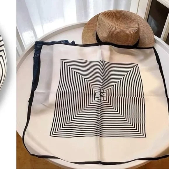 100% Mulberry Silk Neck Scarf 21"x21" Black & White Stripes - Picture 3 of 6